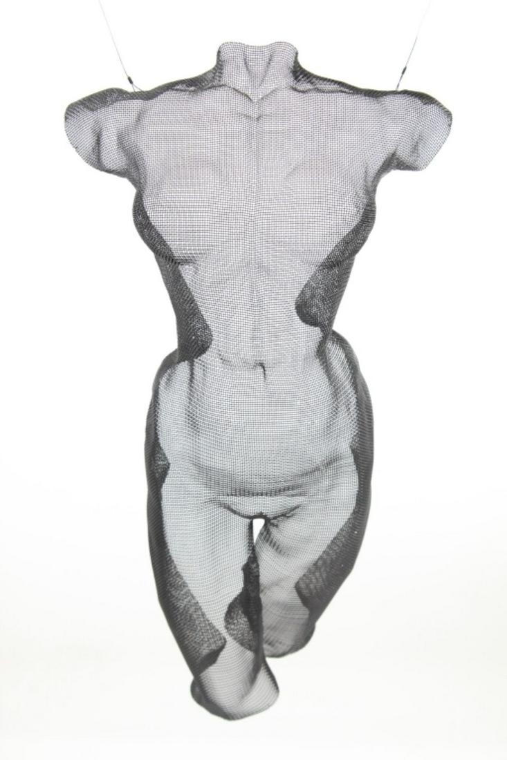 Wire Mesh Female Nude Torso Sculpture: Formed wire mesh female nude torso sculpture in the style of David Begbie / Eric Boyer. No apparent signature. Wire hanging apparatus with flat metal bar. Minor black paint fleck losses. 28" x 14.25"