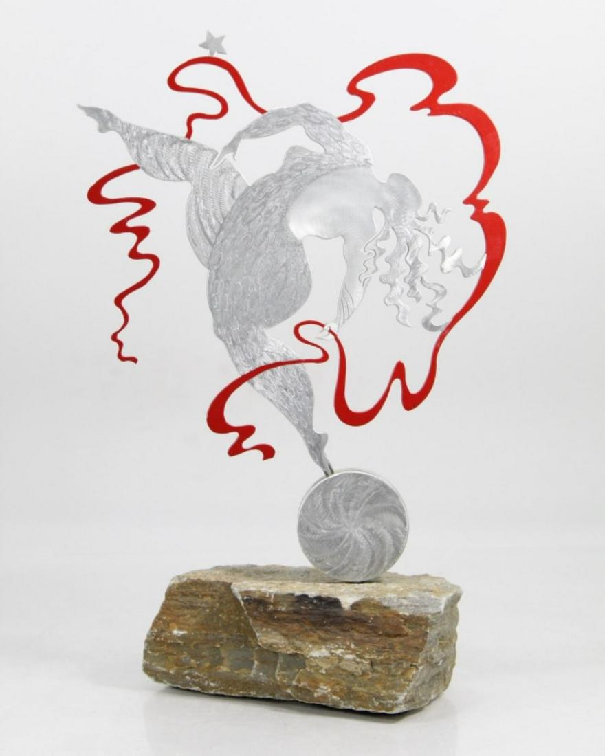 Kate Reightley Steel Woman Silhouette Sculpture: Kate Reightley (21st Century, New Mexico) Stainless Steel Woman Silhouette Tabletop Sculpture, 1998. Signed Reightly, Edition 1/30. Hand fabricated sculpture with grinder decoration and paint on stone