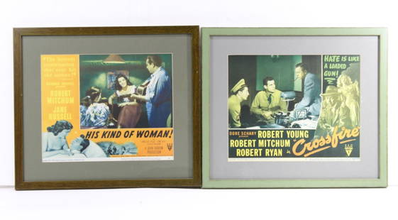 Pair Framed Classic Movie Lobby Cards Jane Russell: Pair of framed classic movie lobby cards, (1) "Crossfire" starring Robert Young, 1947. Good condition, unexamined out of frame, framed measurements are 15.25" x 17.75", inside mat measures approx 10"