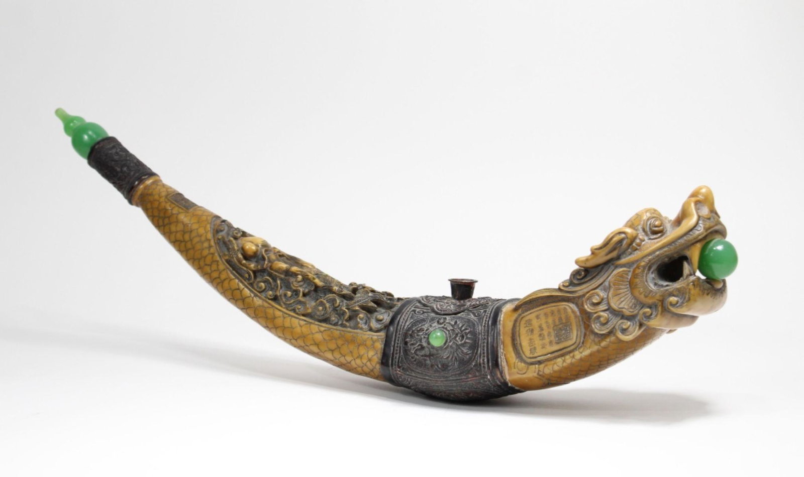 24" Large Chinese Resin Dragon Pipe: Very handsome and striking Chinese dragon pipe with nice details, colored in amber, brown and jade green. Intricately made from resin and hand finished. Very good condition with some dust and light we