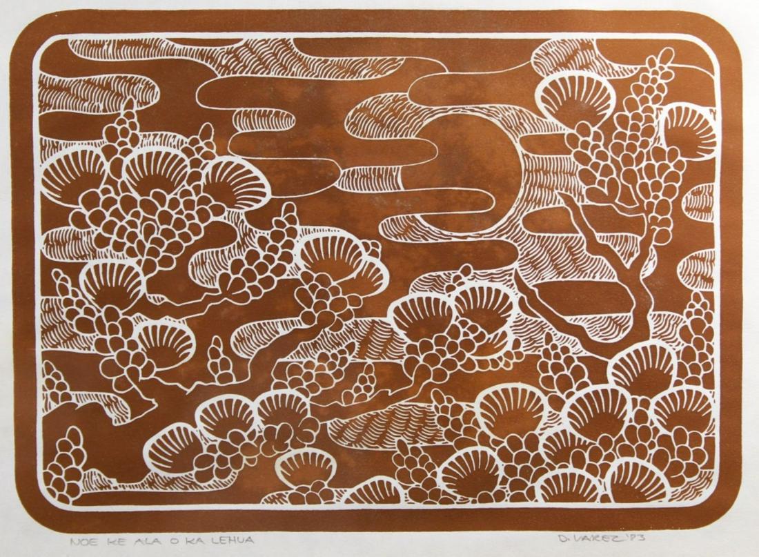 Dietrich Varez (1939-2018) Hawaiian Woodcut Print: "Noe Ke Ala O Ka Lehua", 1983. Pencil titled, signed, and dated below image. Mahogany frame. Mat opening 8.5" x 11.5". Frame 14.5" x 17.5".