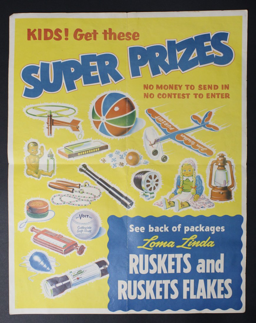 Mid Century Ruskets Cereal Advertising Poster: Toy prize poster for Loma Linda's "Ruskets" and "Ruskets Flakes" cereal. Fold as issued. Good condition with some small spots, expected signs of age, etc. 27.25" x 21.25".