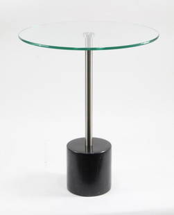 Marble Pedestal Base Glass Top Side Table: Contemporary Marble Pedestal Base Glass Top Side Table in the style of Francesco Rota's 'Jey' Side Table. Black marble base, steel support and glass top. Measures 21" tall and 17.5" in diameter. Excel