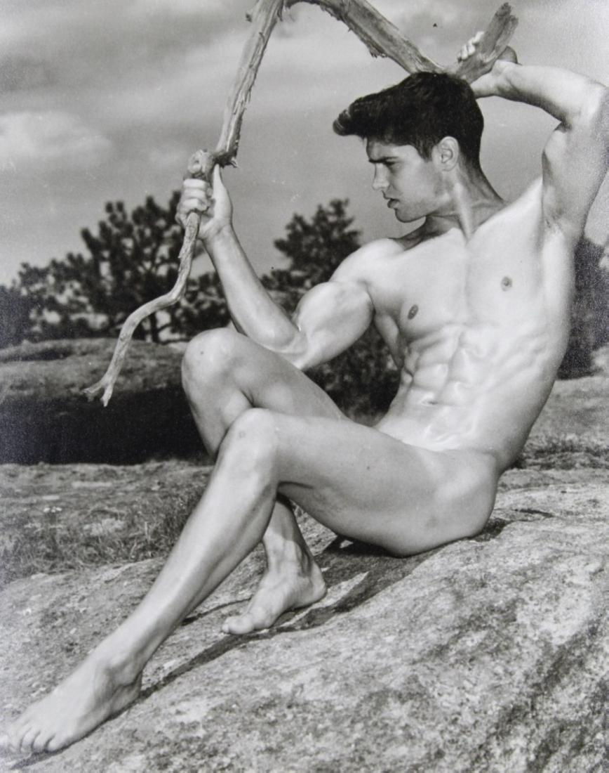 Vintage Western Photography Guild WPG Male Nude: Semi nude male model posed outdoors holding gnarled branch. Stamped in purple "Western Photography Guild Box 2801, Denver, Colo." to the reverse. Clear sharp silver gelatin print on heavy fiber satin 