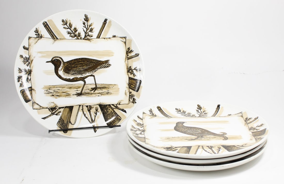 Four Piero Fornasetti (Italy) Porcelain "Caccia" Plates: Porcelain "Caccia" Bird Plates. Dated 1955 Made in Italy. Includes (1) 2pc plates No. 2, (2) No.7, and (3) No. 8. Fornasetti mark to underside. Plates measure 10" diameter each. No. 8 has small chip t