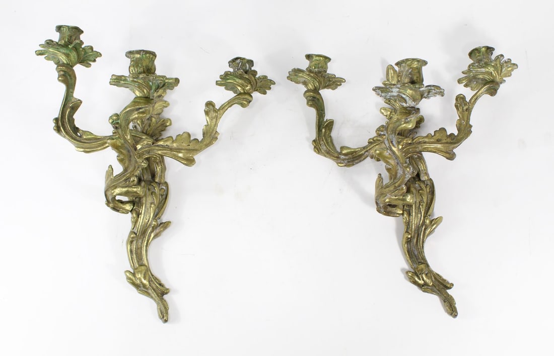 Pair Bronze 3 Candle Rococo Wall Sconces (1 of 11)