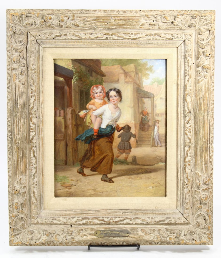Robert Farrier (1796-1879 Great Britain) Oil Painting on Board P: English painting titled "Children going to school". Depicts a mother carrying a happy child to school. Framed, with a metal title and artist plaque in bottom front and Signed and titled end verso by a