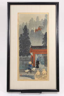 Hiroaki Japanese Woodblock Inari Shrine Oji Crepe: Shotei Takahashi (Hiroaki) 1871-1945. Japanese woodblock "Inari Shrine at Oji " on crepe paper. Framed and matted, Watanabe Publisher. These editions on crepe were typically smaller than most woodbloc