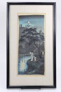 Hiroaki Japanese Woodblock Moon Sekiguchi Crepe: Shotei Takahashi (Hiroaki) 1871-1945. Japanese woodblock "Moon Over Sekiguchi" on crepe paper. Framed and matted, Watanabe Publisher. These editions on crepe were typically smaller than most woodblock