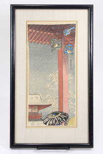 Hiroaki Japanese Woodblock Kannon Temple Crepe: Shotei Takahashi (Hiroaki) 1871-1945. Japanese woodblock "Temple of Kannon at Asakusa" on crepe paper. Framed and matted, Watanabe Publisher. These editions on crepe were typically smaller than most w