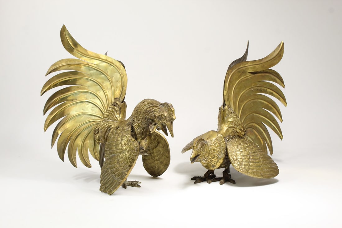 Pair Vintage Brass Fighting Roosters (1 of 6)