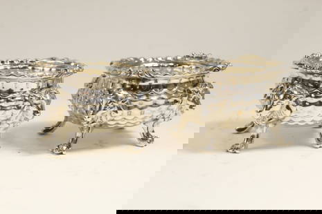 Pair George II Silver Salt Cellars London 1751: William Grundy, London, 1751. Matched pair with quilted "corn kernel" bodies, four goat mask legs, and cloven hoof feet. London hallmarks with date letter for 1751 and worn script WG maker's marks. Ve