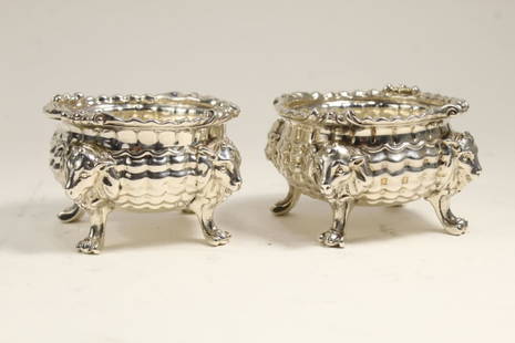 Pair George II Silver Salt Cellars London 1751: William Grundy, London, 1751. Matched pair with quilted "corn kernel" bodies, four goat mask legs, and cloven hoof feet. London hallmarks with date letter for 1751 and worn script WG maker's