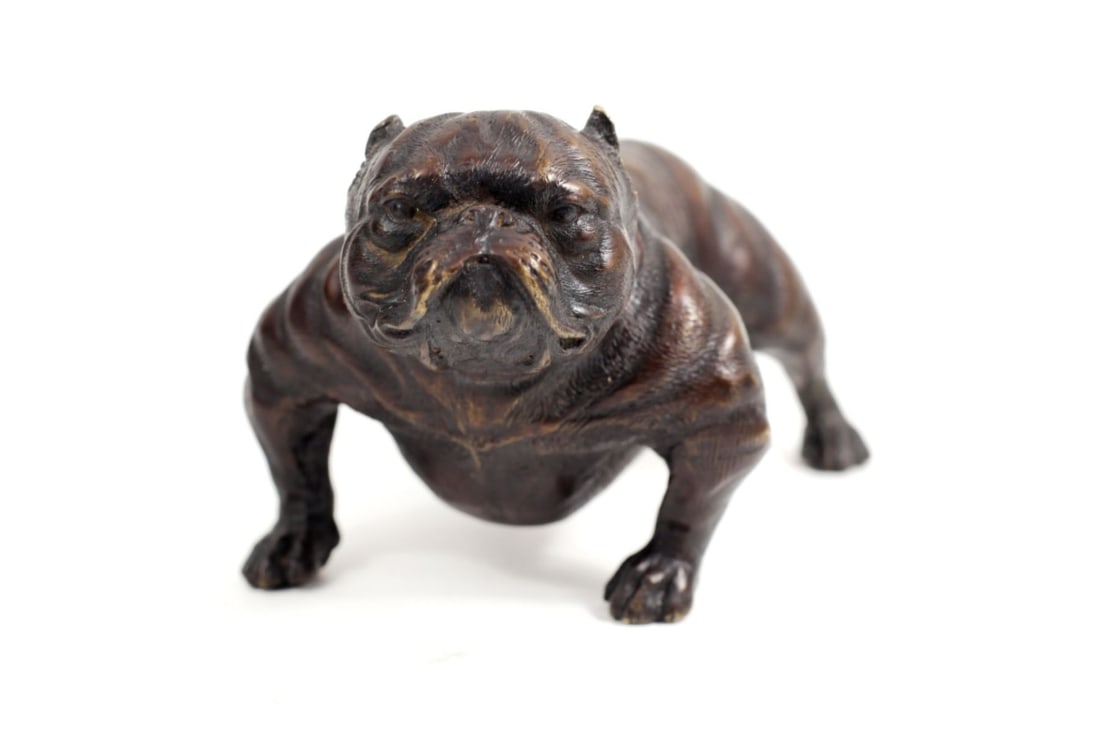 Cast Bronze Bulldog Figural Statue: Well detailed cast bronze bulldog figure. Good condition with small nick loss to tail tip. 3 7/8" H x 7 3/4" x 4 1/2" approx.