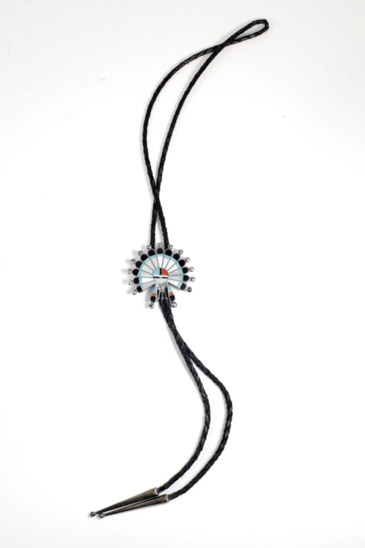 Zuni Bennett Sun Face Inlaid Sterling Bolo Tie (1 of 4)