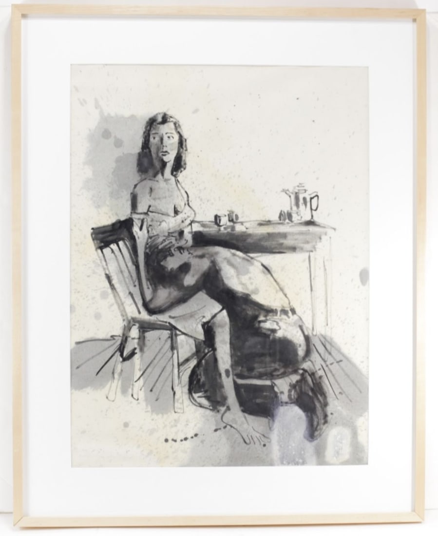 David Ostrowski (b. 1981) Germany Ink on Linen: David Ostrowski (b. 1981) Germany. Ink or oil on linen. Woman with Man at Table, 2007. Wood framed under glass, good condition, framed measurements are approximately 40" x 32" and inside mat measureme