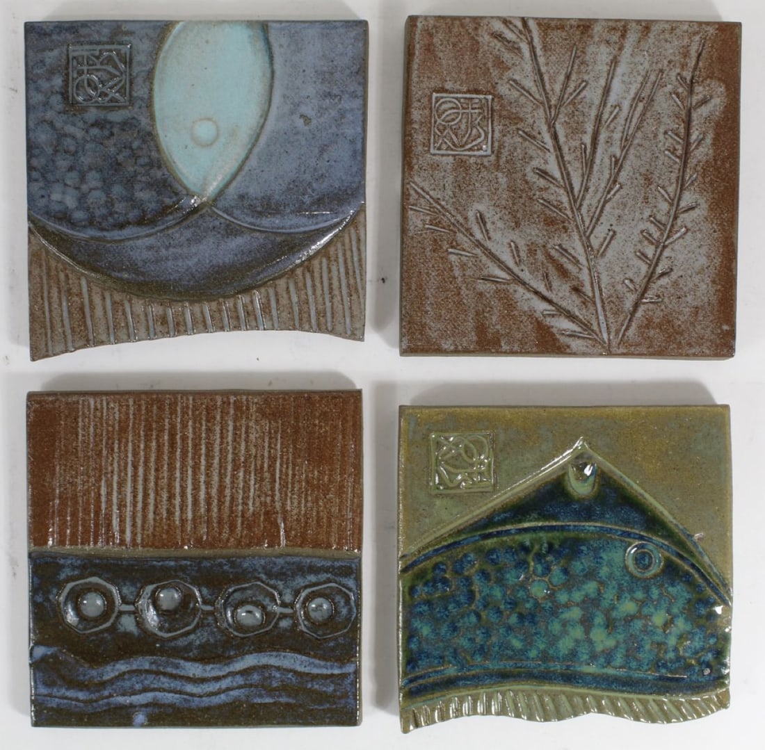 Paolo Soleri Arcosanti Pottery Tiles: Group of 4 tiles. Each 3.75" x 3.75" approx.