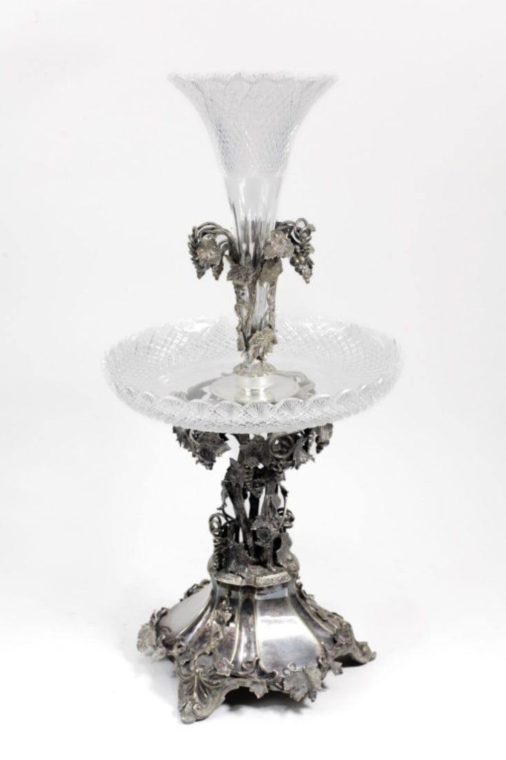 Victorian Silver Plate & Cut Crystal Epergne Grape & Vine Pattern (1 of 9)