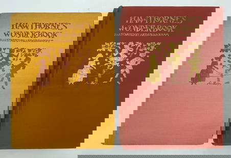 2pc Arthur Rackham Illustrated "Wonder Book": 2pc Arthur Rackham Illustrated "Hawthorne's Wonder Book". Includes (1) First Edition George H Doran Co, NY. 207pp. Red cloth cover with gilt decoration and lettering. Original just jacket. Some wear t