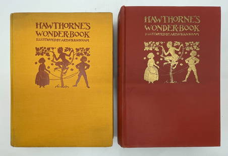 2pc Arthur Rackham Illustrated "Wonder Book": 2pc Arthur Rackham Illustrated "Hawthorne's Wonder Book". Includes (1) First Edition George H Doran Co, NY. 207pp. Red cloth cover with gilt decoration and lettering. Original just jacket. Some wear