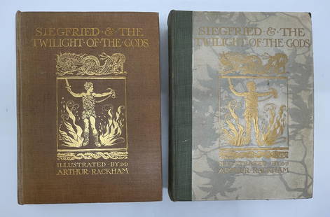 2pc Arthur Rackham Illustrated "Siegfried" , 1911: 2pc Arthur Rackham Illustrated "Siegfried & The Twilight of the Gods" Books, 1911. Includes (1) Heimann edition with brown cloth cover. Moderate foxing, overall good condition. (2) Doubleday debossed