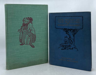 2pc Illustrated "The Wind In The Willows": 2pc Illustrated "The Wind In The Willows" by Kenneth Grahame. Includes (1) Arthur Rackham illustrated Book, Heritage Press, 1959. Stain to bottom edge of cover. Fair condition. (2) Nancy Barnhart illu