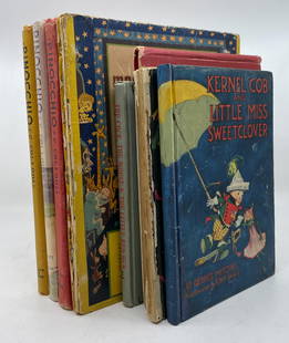 8pc Tony Sarg Illustrated Children's Books: 8pc Tony Sarg Illustrated Children's Books. Includes (1) 3pc Hardcover "Pinocchio" Books, Platt & Munk, 1940. One with dust jacket. Good condition. Also includes 5pc books in Fair condition.