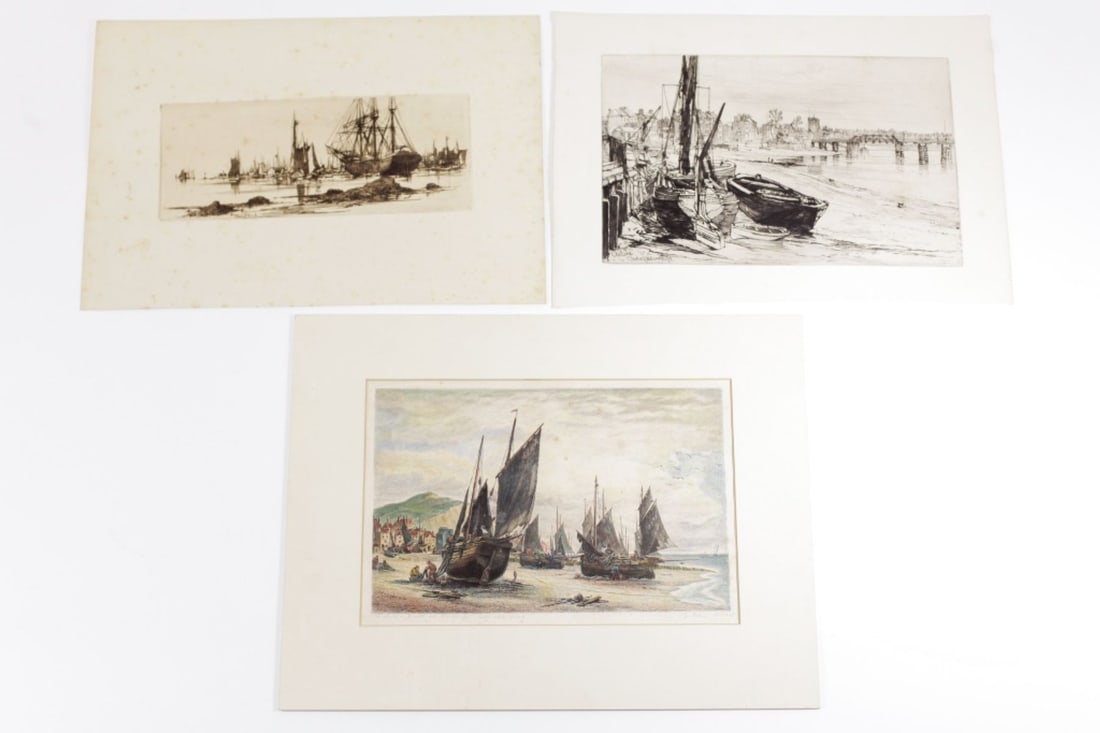 3 Antique Harbor Scene Etchings w/ Stephen Parrish: 3 Antique Harbor Scene Etchings. Includes (1) Stephen Parrish Etching, plate signed. 4x9.5" impression on 9.5x14" sheet. Scattered foxing and light toning. Stephen parrish was the father of artist Max