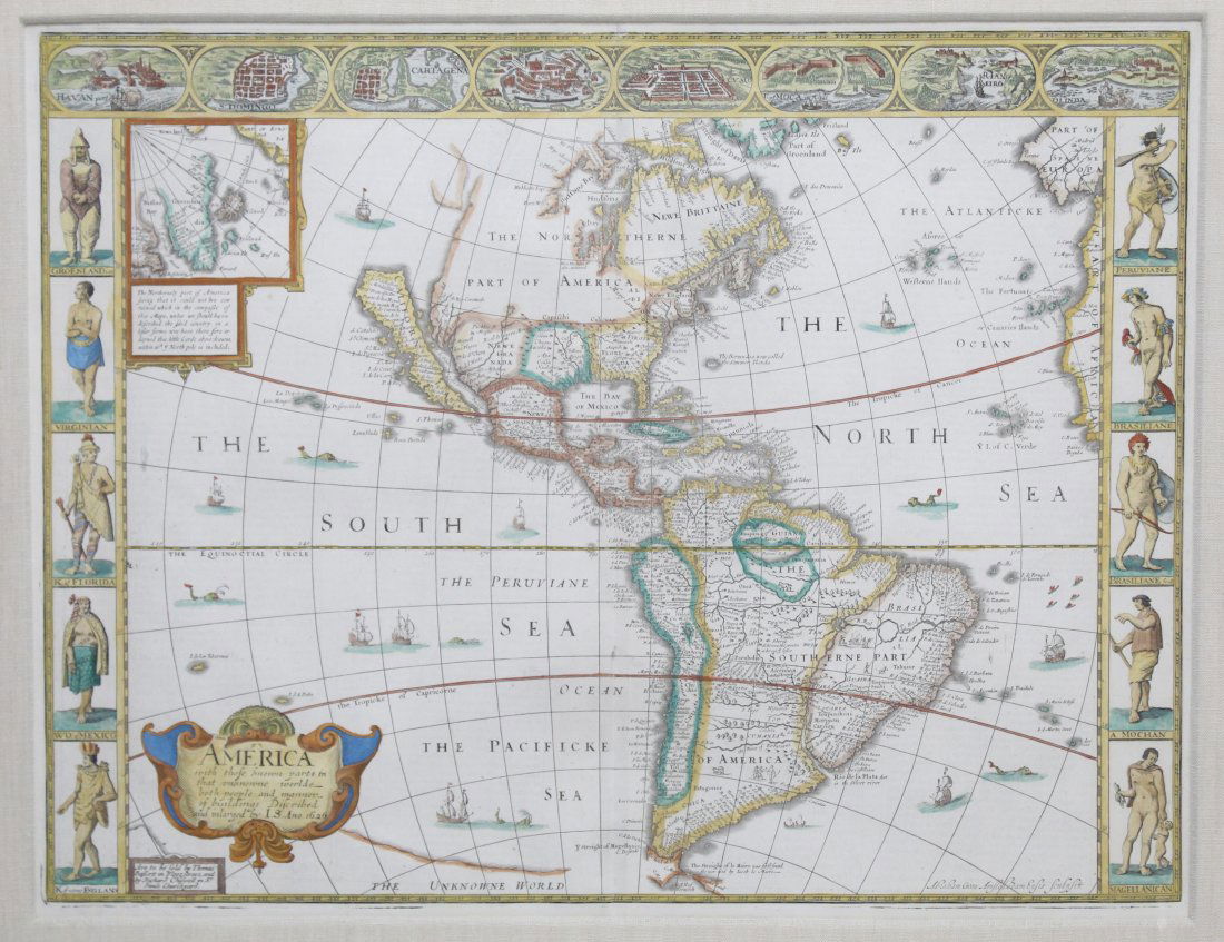 John Speed "America I.S. Ano 1626" Map, 1627: John Speed (1551-1629 England) "America I.S. Ano 1626" Hand Colored Map, London,1627. From the 1626-27 edition of Speed's Prospect of the Most Famous Parts of the World. Engraved by Abraham Goos. Full