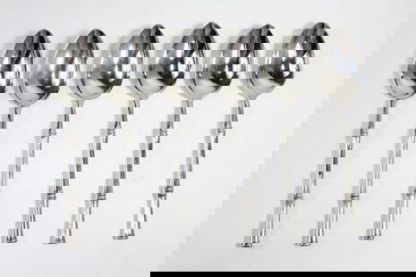 Tiffany & Co. BAMBOO Sterling Silver Oval Spoons: Set of 6 Tiffany & Co. sterling silver "Bamboo" pattern dessert / oval soup spoons. Marked TIFFANY & CO. STERLING PAT. to handles. No monograms. The Bamboo pattern was designed by Van Day Truex and Ma