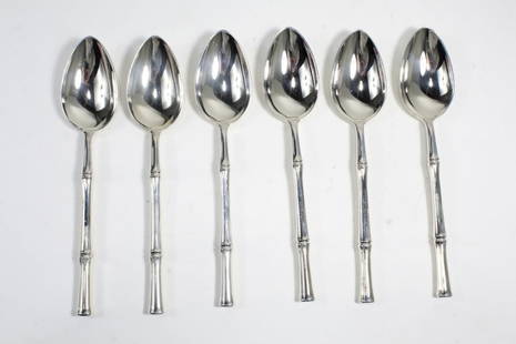 Tiffany & Co. BAMBOO Sterling Silver Oval Spoons: Set of 6 Tiffany & Co. sterling silver "Bamboo" pattern dessert / oval soup spoons. Marked TIFFANY & CO. STERLING PAT. to handles. No monograms. The Bamboo pattern was designed by Van Day Truex and Ma