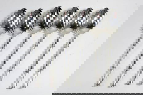 Tiffany & Co. BAMBOO Sterling Silver Oval Spoons: Set of 6 Tiffany & Co. sterling silver "Bamboo" pattern dessert / oval soup spoons. Marked TIFFANY & CO. STERLING PAT. to handles. No monograms. The Bamboo pattern was designed by Van Day Truex and Ma