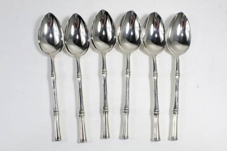 Tiffany & Co. BAMBOO Sterling Silver Oval Spoons: Set of 6 Tiffany & Co. sterling silver "Bamboo" pattern dessert / oval soup spoons. Marked TIFFANY & CO. STERLING PAT. to handles. No monograms. The Bamboo pattern was designed by Van Day Truex and Ma