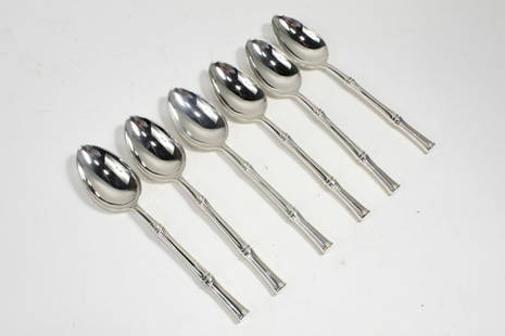 Tiffany & Co. BAMBOO Sterling Silver Oval Spoons: Set of 6 Tiffany & Co. sterling silver "Bamboo" pattern dessert / oval soup spoons. Marked TIFFANY & CO. STERLING PAT. to handles. No monograms. The Bamboo pattern was designed by Van Day Truex