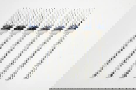 Tiffany & Co. BAMBOO Sterling Silver Salad Forks: Set of 6 Tiffany sterling silver "Bamboo" pattern salad forks. Marked TIFFANY & CO. STERLING PAT. to handles. No monograms. The Bamboo pattern was designed by Van Day Truex and introduced in 1961. Ver