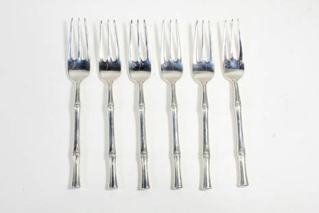 Tiffany & Co. BAMBOO Sterling Silver Salad Forks: Set of 6 Tiffany sterling silver "Bamboo" pattern salad forks. Marked TIFFANY & CO. STERLING PAT. to handles. No monograms. The Bamboo pattern was designed by Van Day Truex and introduced in