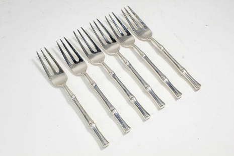 Tiffany & Co. BAMBOO Sterling Silver Salad Forks: Set of 6 Tiffany sterling silver "Bamboo" pattern salad forks. Marked TIFFANY & CO. STERLING PAT. to handles. No monograms. The Bamboo pattern was designed by Van Day Truex and introduced in