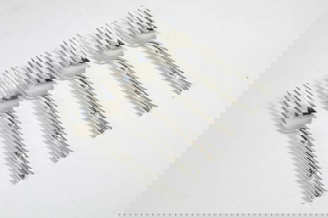 Tiffany & Co. BAMBOO Sterling Silver Salad Forks: Set of 6 Tiffany sterling silver "Bamboo" pattern salad forks. Marked TIFFANY & CO. STERLING PAT. to handles. No monograms. The Bamboo pattern was designed by Van Day Truex and introduced in 1961. Ver