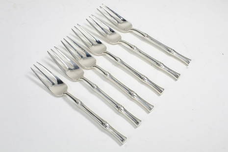 Tiffany & Co. BAMBOO Sterling Silver Salad Forks: Set of 6 Tiffany sterling silver "Bamboo" pattern salad forks. Marked TIFFANY & CO. STERLING PAT. to handles. No monograms. The Bamboo pattern was designed by Van Day Truex and introduced in