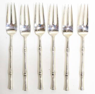 Tiffany & Co. BAMBOO Sterling Silver Salad Forks: Set of 6 Tiffany sterling silver "Bamboo" pattern salad forks. Marked TIFFANY & CO. STERLING PAT. to handles. No monograms. The Bamboo pattern was designed by Van Day Truex and introduced in 1961. Ver