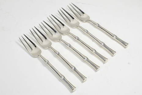 Tiffany & Co. BAMBOO Sterling Silver Dinner Forks: Set of 6 Tiffany sterling silver "Bamboo" pattern dinner forks. Marked TIFFANY & CO. STERLING PAT. to handles. No monograms. The Bamboo pattern was designed by Van Day Truex and introduced in