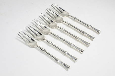 Tiffany & Co. BAMBOO Sterling Silver Dinner Forks: Set of 6 Tiffany sterling silver "Bamboo" pattern dinner forks. Marked TIFFANY & CO. STERLING PAT. to handles. No monograms. The Bamboo pattern was designed by Van Day Truex and introduced in 1961. Ve