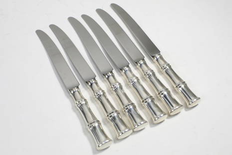 Tiffany & Co. BAMBOO Sterling Dinner Knives: Set of 6 Tiffany sterling silver handle "Bamboo" pattern dinner knives. Stainless steel blades engraved TIFFANY & CO. No monograms. The Bamboo pattern was designed by Van Day Truex and introduced in 1