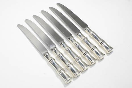 Tiffany & Co. BAMBOO Sterling Dinner Knives: Set of 6 Tiffany sterling silver handle "Bamboo" pattern dinner knives. Stainless steel blades engraved TIFFANY & CO. No monograms. The Bamboo pattern was designed by Van Day Truex and introduced in 1