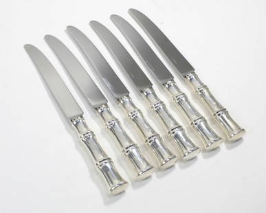 Tiffany & Co. BAMBOO Sterling Dinner Knives: Set of 6 Tiffany sterling silver handle "Bamboo" pattern dinner knives. Stainless steel blades engraved TIFFANY & CO. No monograms. The Bamboo pattern was designed by Van Day Truex and introduced in 1