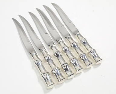 Tiffany & Co. BAMBOO Sterling Silver Steak Knives: Set of 6 Tiffany sterling silver handle "Bamboo" pattern steak knives with stainless steel blades. No monograms. The Bamboo pattern was designed by Van Day Truex and introduced in 1961.Very good condi