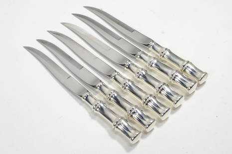 Tiffany & Co. BAMBOO Sterling Silver Steak Knives: Set of 6 Tiffany sterling silver handle "Bamboo" pattern steak knives with stainless steel blades. No monograms. The Bamboo pattern was designed by Van Day Truex and introduced in 1961.Very good condi