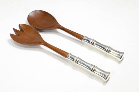 Tiffany & Co. Bamboo Sterling Salad Serving Set: Tiffany "Bamboo" pattern sterling handle / carved wood salad serving fork and spoon. Handles marked TIFFANY & CO. and STERLING. No monograms. The Bamboo pattern was designed by Van Day Truex and 