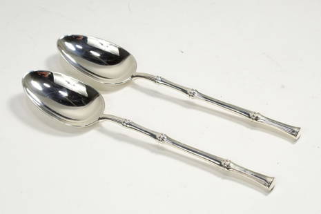 Tiffany & Co. Bamboo Sterling Serving Spoons: Pair Tiffany sterling silver "Bamboo" pattern serving spoons. Marked TIFFANY & CO. STERLING to handles. No monograms. The Bamboo pattern was designed by Van Day Truex and introduced in 1961. Very good