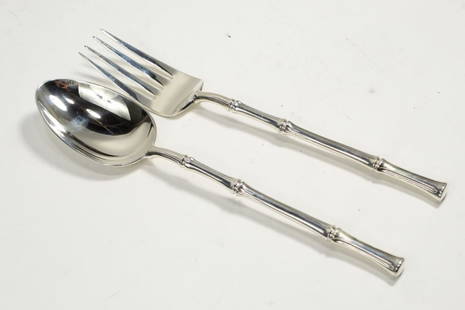 Tiffany & Co. Bamboo Sterling Serving Fork & Spoon: Tiffany sterling silver "Bamboo" pattern serving cold meat fork and spoon. Marked TIFFANY & CO. STERLING to handles. No monograms. The Bamboo pattern was designed by Van Day Truex and introduced in 19